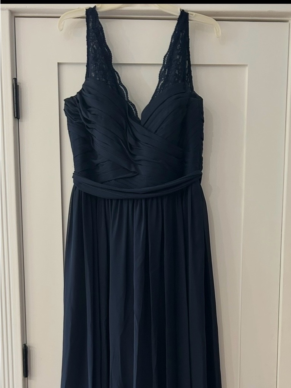 Bill Levkoff Navy Lace-Shoulder Chiffon Maxi Dress